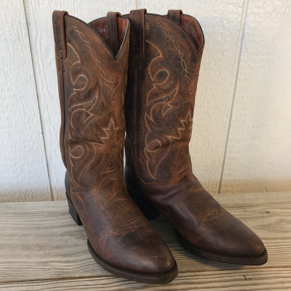 Dan Post Rustic Brown Leather Western Boots with Decorative Stitching